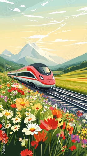 A high-speed train zooming through the countryside, passing fields of green and wildflowers