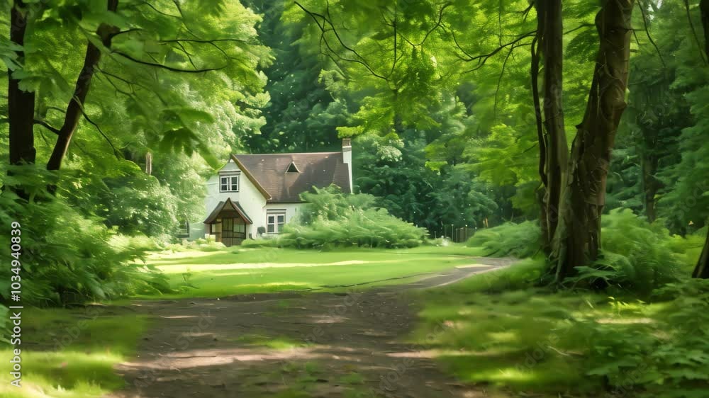 A white house stands amidst a dense expanse of green trees in a picturesque forest setting, Cottage in a tranquil woodland clearing A white house stands amidst a dense expanse of green trees in a picturesque forest setting, Cottage in a tranquil woodland clearing