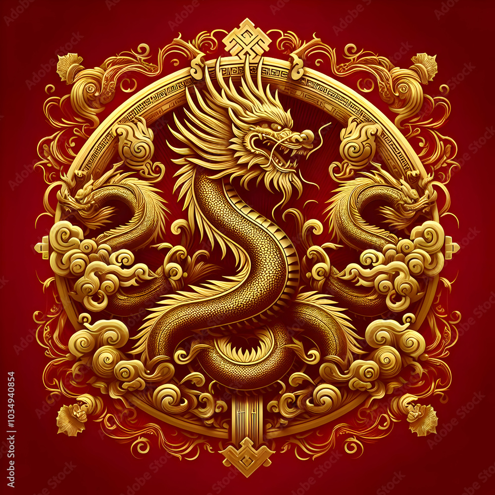 Fototapeta premium Golden Dragon in Festive Circle 