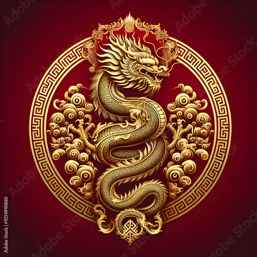 Wallpaper Mural Golden Dragon in Festive Circle  Torontodigital.ca