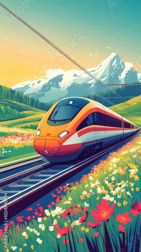 A high-speed train zooming through the countryside, passing fields of green and wildflowers