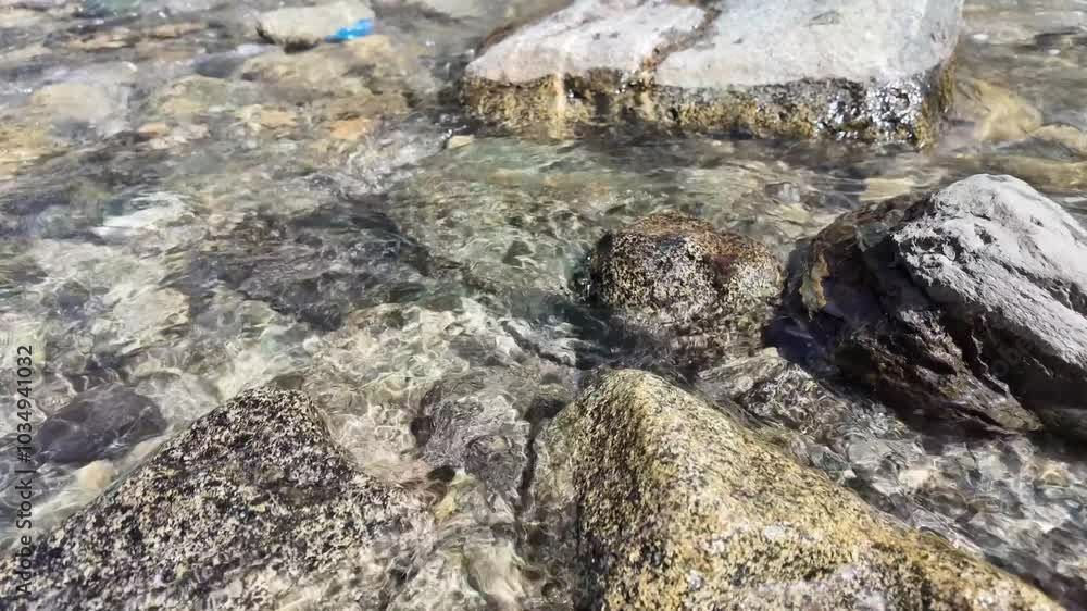 Underwater Perspective Close-Up View of Flowing River Water, Showcasing Beautiful Big and Small Stones Beneath Clear Crystal Water on a Sunny Day Underwater Perspective Close-Up View of Flowing River Water, Showcasing Beautiful Big and Small Stones Beneath Clear Crystal Water on a Sunny Day