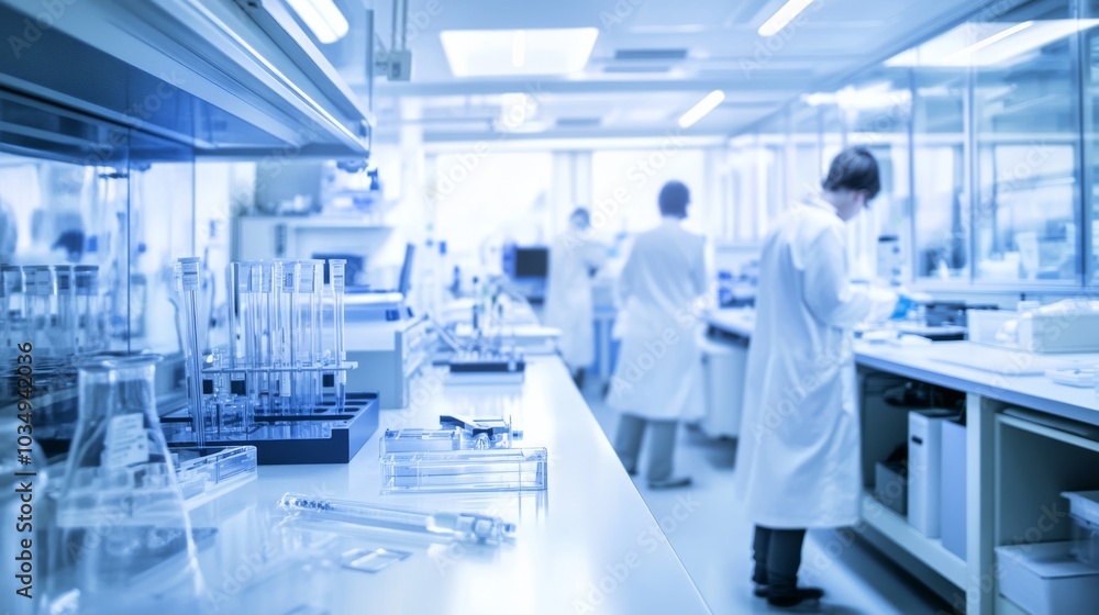 A bioengineering laboratory with genetic modification equipment, verdant botanical samples, Bio-tech style A bioengineering laboratory with genetic modification equipment, verdant botanical samples, Bio-tech style