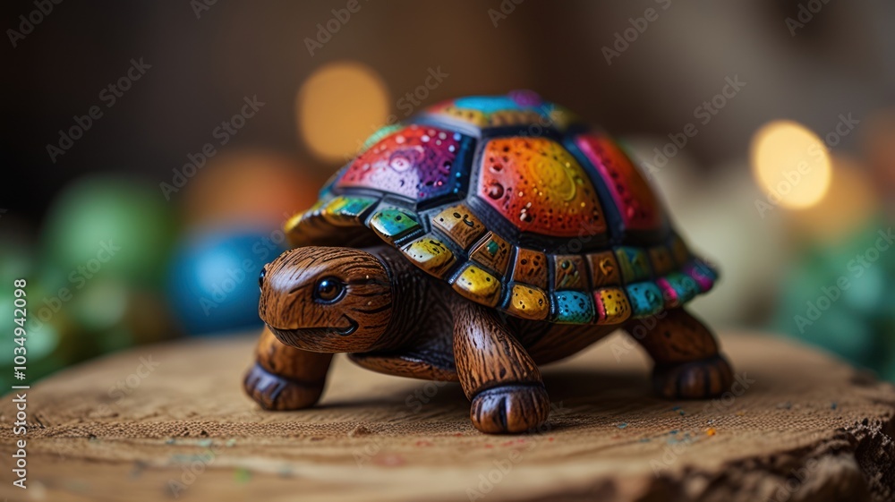 A colorful wooden turtle figurine with a bright, patterned shell on a wooden base. A colorful wooden turtle figurine with a bright, patterned shell on a wooden base.