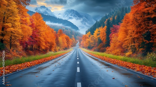 A winding road leads through a colorful autumn forest, with snow-capped mountains in the distance.