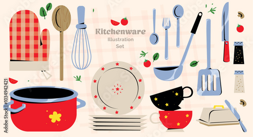 Kitchenware vector cartoon illustration set home, cafe, bistro, restourant collection