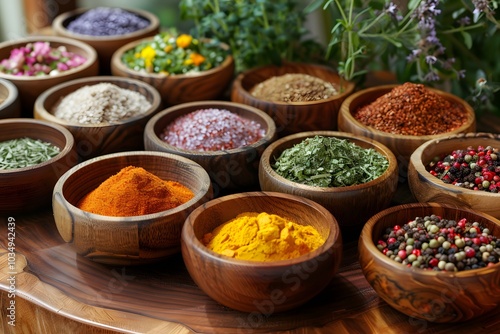 A Colorful Array of Spices in Wooden Bowls