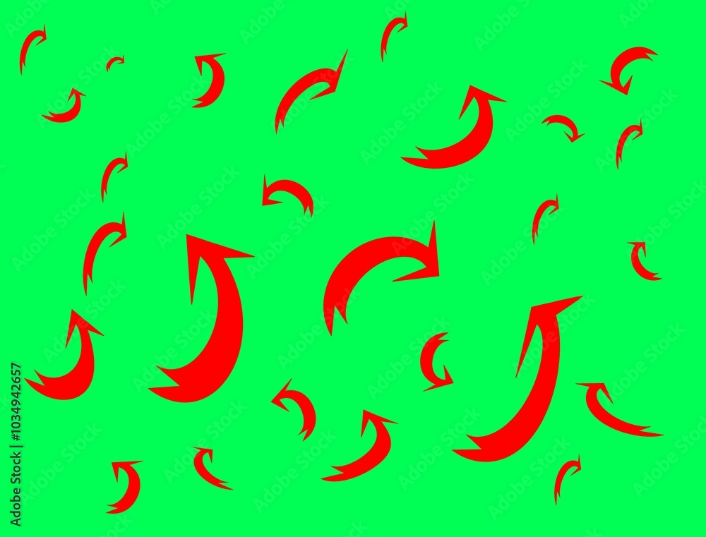 A print of red arrows on a green background. Green background with randomly scattered arrows. A print of red arrows on a green background. Green background with randomly scattered arrows.