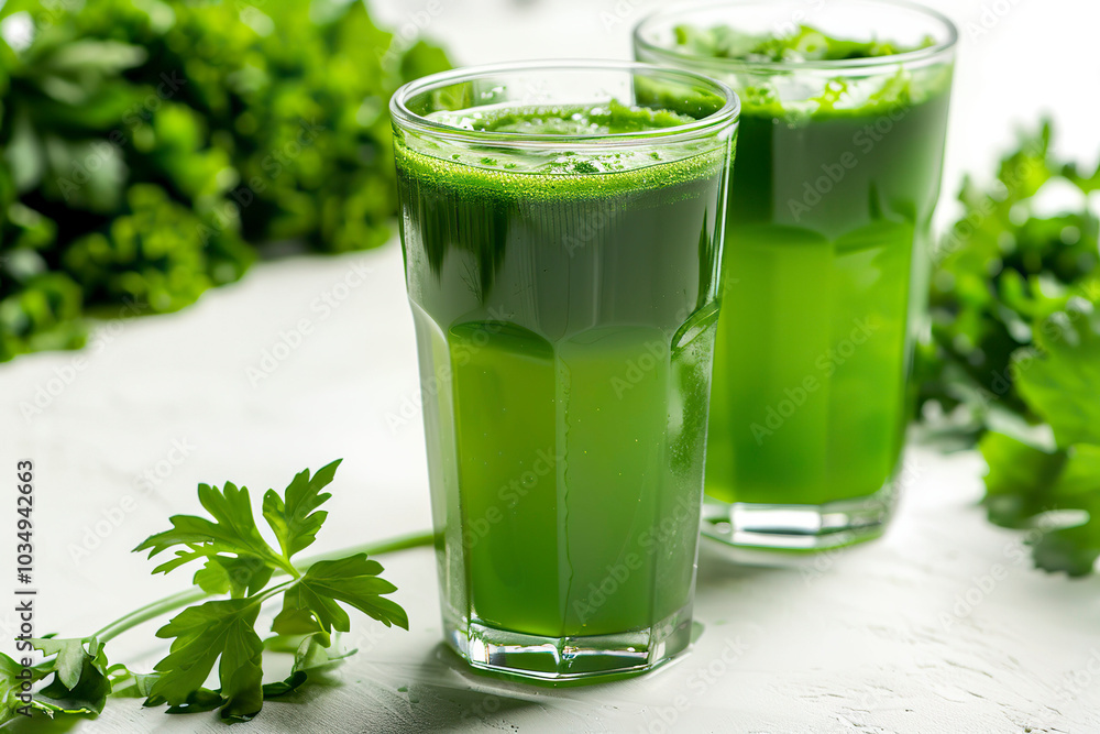 Glasses of fresh celery juice on the table.