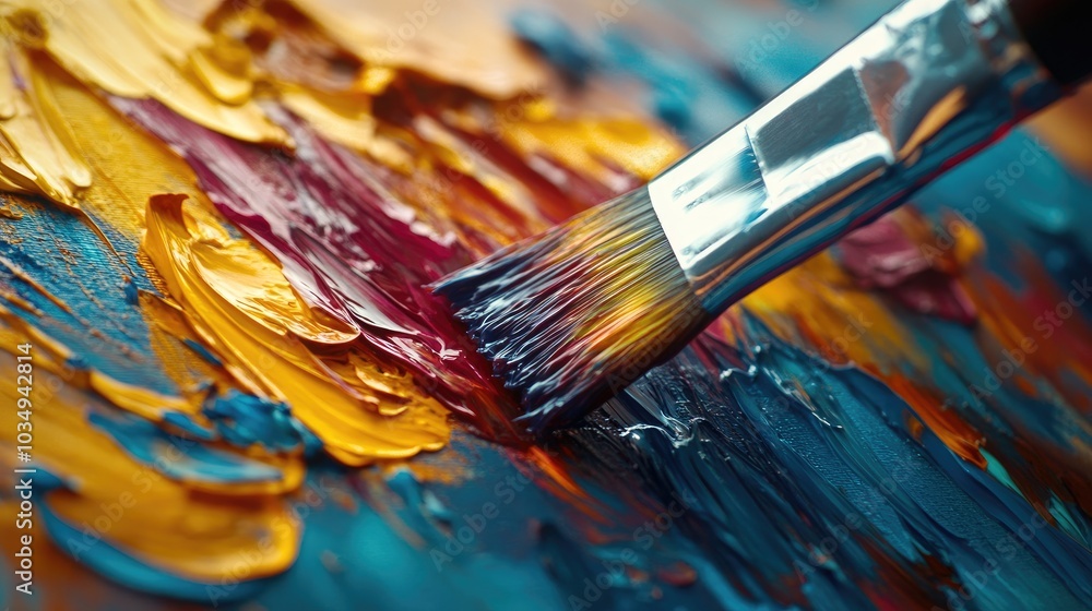 Fototapeta premium A paintbrush lays on colorful oil paints. This photo can represent creativity and artistry, or the process of painting and creating art.