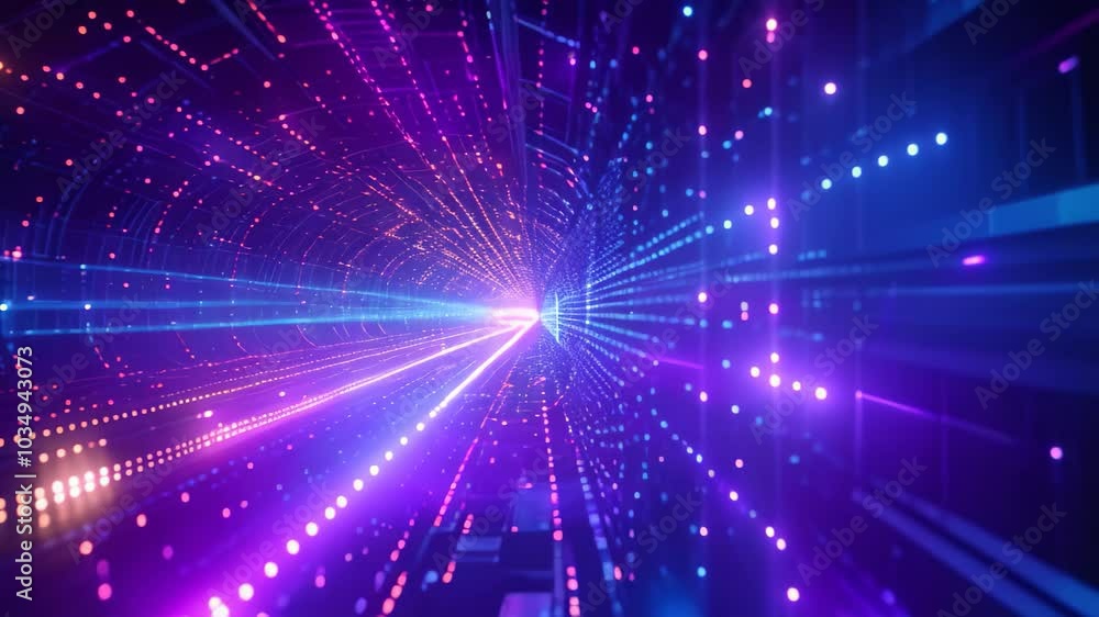 A dimly lit underground tunnel with a row of bright lights shining through the center, Data flowing through a protective firewall A dimly lit underground tunnel with a row of bright lights shining through the center, Data flowing through a protective firewall