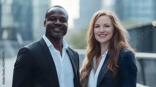 A Smiling Black Man and Blonde Woman in Suits Standing Side by Side