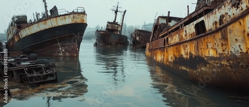 Abandoned ships rusting in still waters, surrounded by fog, create a haunting and atmospheric scene of maritime decay.