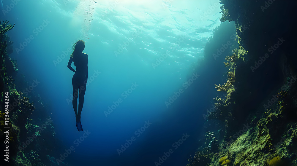 Fototapeta premium Silhouetted Diver Exploring Underwater Canyon with Sunlight Streaming in