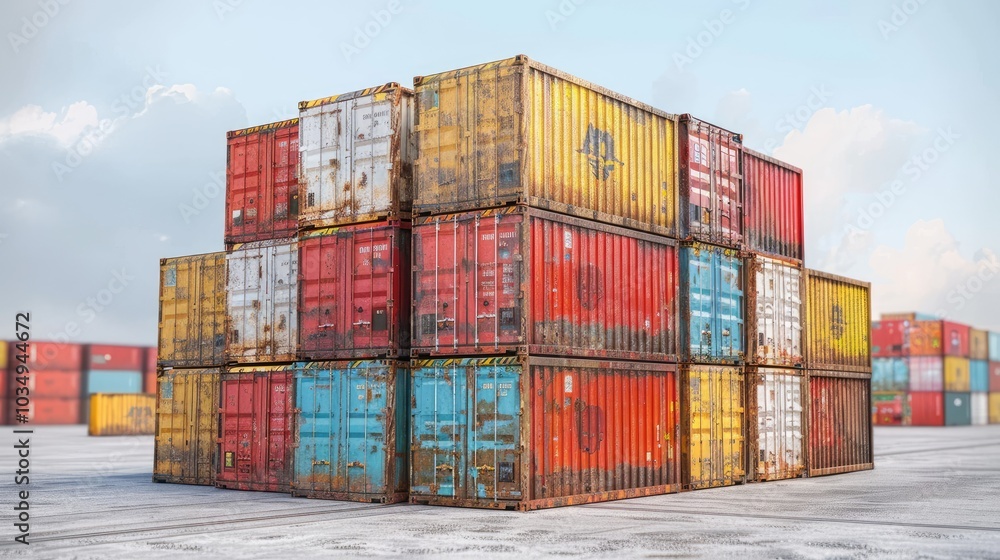Fototapeta premium Stack of Cargo Containers at a Port, Isolated on a White Background for Use in Shipping and Logistics Projects