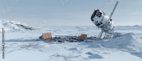 Fototapeta Naklejka Na Ścianę i Meble -  A futuristic spacecraft lies partially buried in snow, suggesting a desolate landscape with a cold, icy atmosphere.