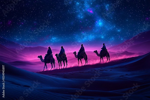 Wallpaper Mural Silhouettes of three wise men on camels journeying through a tranquil starry desert at Christmas, ideal for festive greetings or religious celebrations. Torontodigital.ca