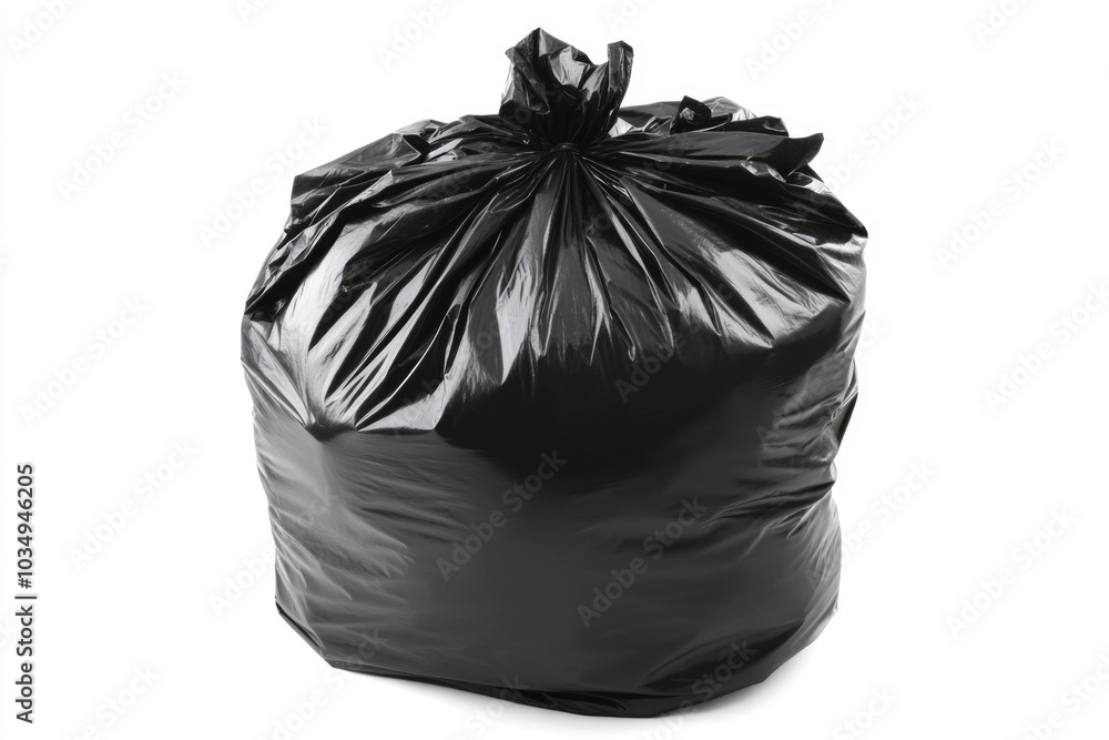 Black garbage bag on white background highlighting waste management and recycling concepts Black garbage bag on white background highlighting waste management and recycling concepts