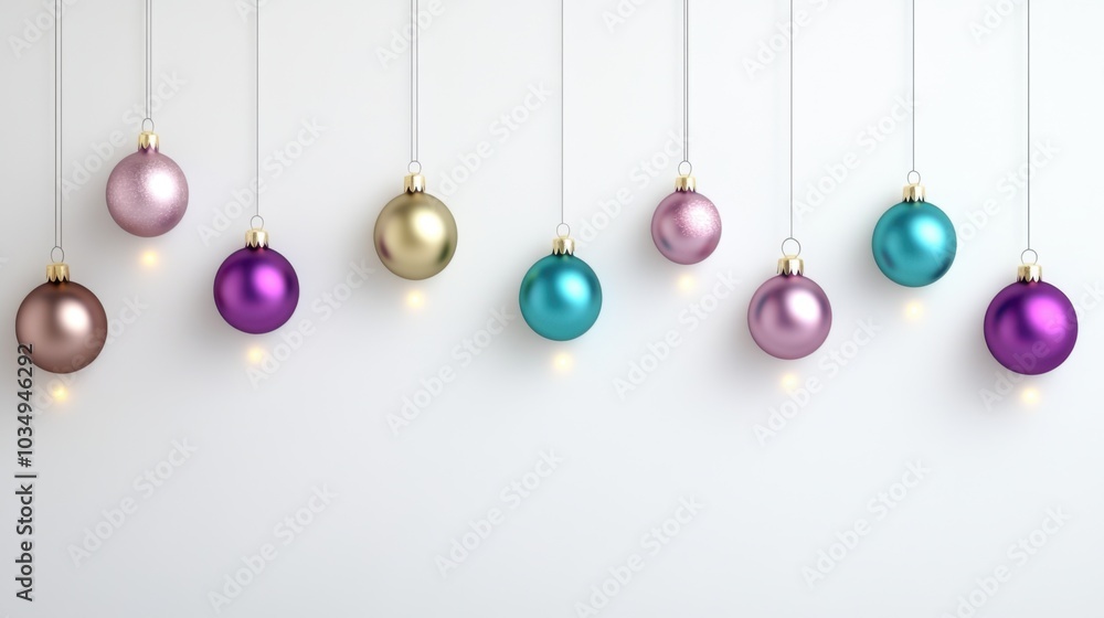 Obraz premium Colorful Christmas ornaments hang against a white background, adding a festive touch to holiday decorations.