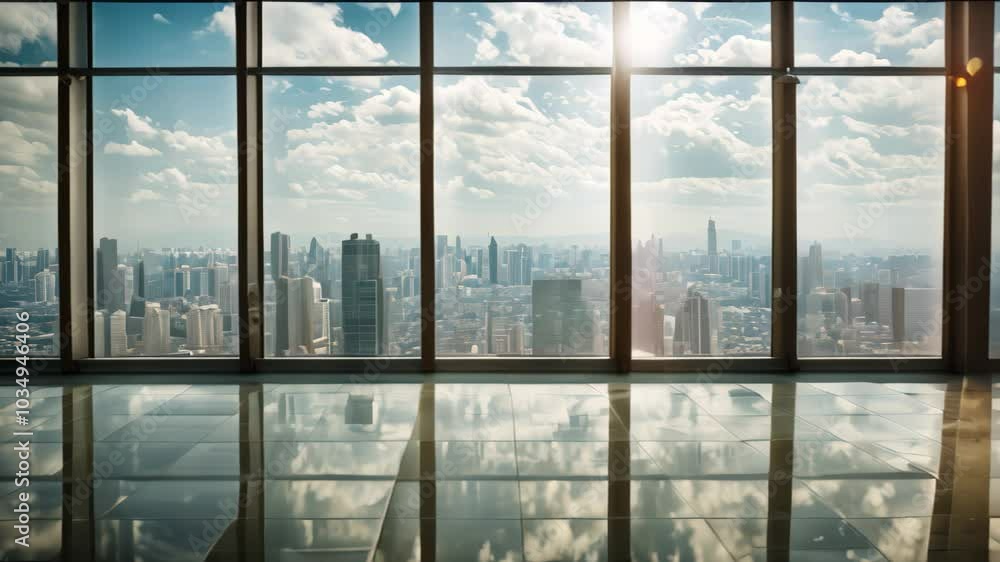 An unoccupied room with expansive windows offering a view of a cityscape in the background, Empty city skyline view from a high-rise corporate building An unoccupied room with expansive windows offering a view of a cityscape in the background, Empty city skyline view from a high-rise corporate building