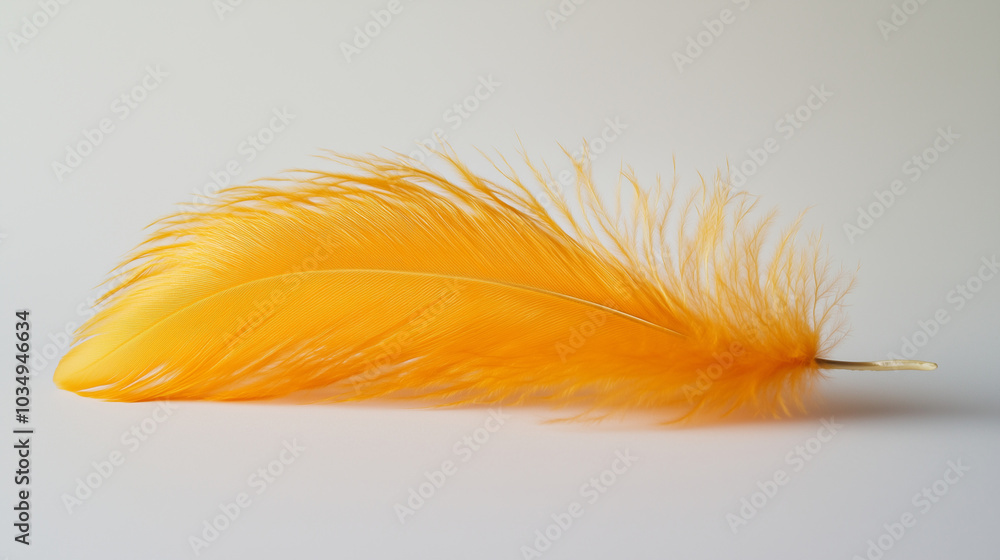 A bright orange feather lies on a white background, appearing delicate and light, with fine fluffy ends A bright orange feather lies on a white background, appearing delicate and light, with fine fluffy ends