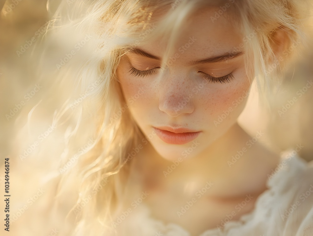 Dreamy and Ethereal Blonde Woman Portrait with Warm Soft Focus Tones Dreamy and Ethereal Blonde Woman Portrait with Warm Soft Focus Tones