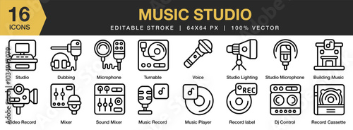 Music Studio icon set. Editable Stroke Icon Collection. Includes building music, dj control, dubbing, microphone, mixer, studio, and More. Outline icons vector collection.