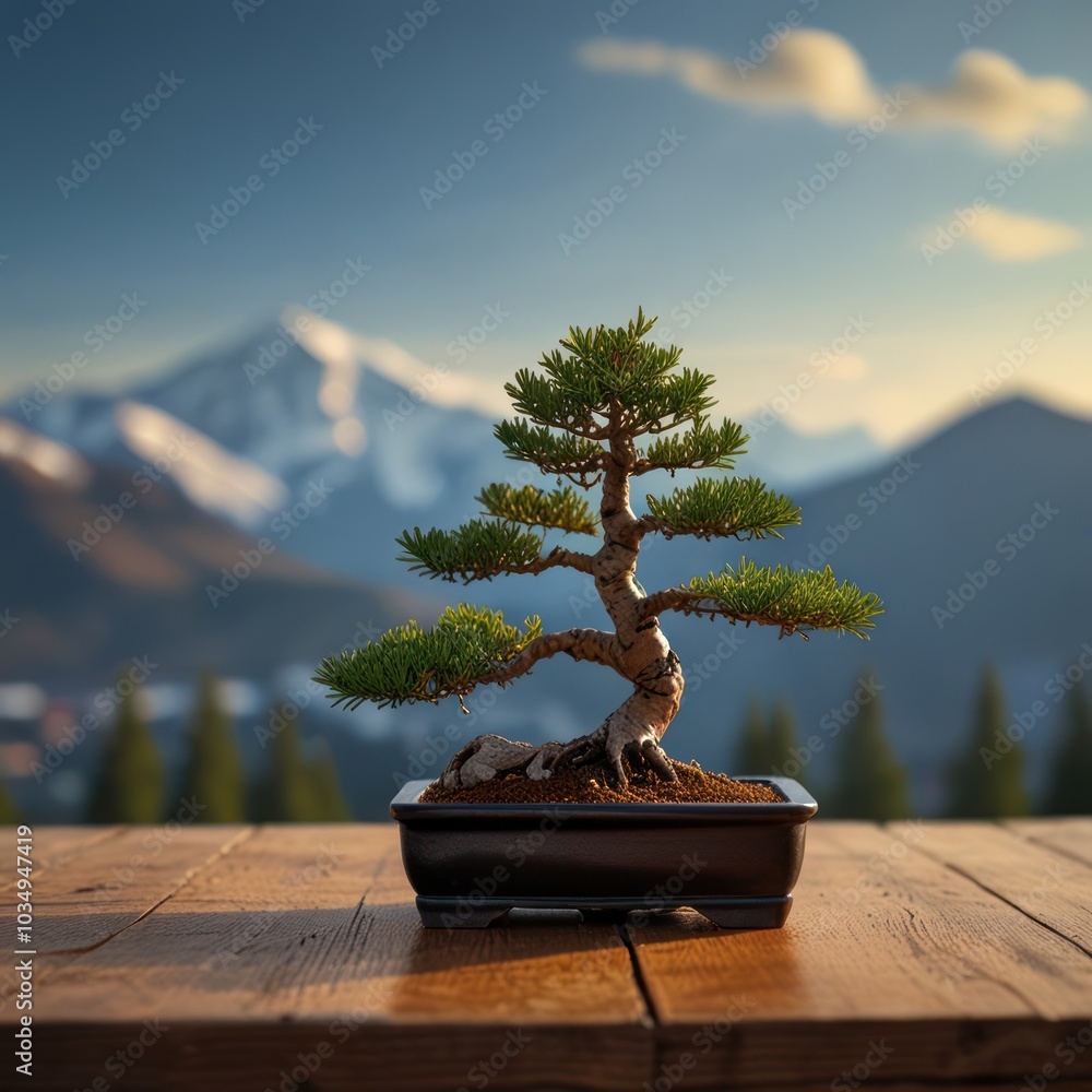 A miniature bonsai tree in a black pot sits on a wooden table in front of a scenic mountain landscape. A miniature bonsai tree in a black pot sits on a wooden table in front of a scenic mountain landscape.