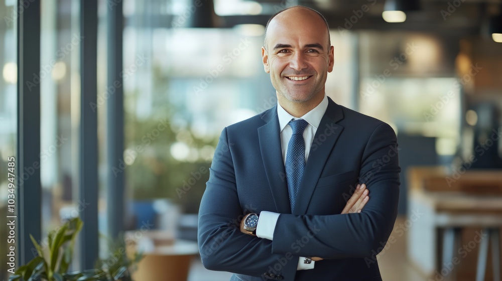 Confident businessman in a suit, smiling and standing in a well-lit office, clean and balanced composition, perfect for business cards Confident businessman in a suit, smiling and standing in a well-lit office, clean and balanced composition, perfect for business cards