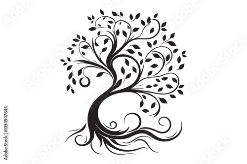 Flowing Tree Silhouette with Curved Branches and Leaves 31.eps