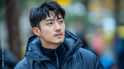 Man with a Goatee Looks Pensively into the Distance, Wearing a Black Winter Jacket