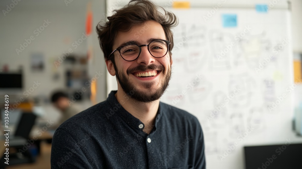 Happy employee standing in front of a whiteboard filled with ideas, professional yet dynamic design with ample copy space Happy employee standing in front of a whiteboard filled with ideas, professional yet dynamic design with ample copy space