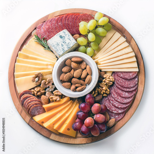 Indulge in this exquisite charcuterie board featuring an array of cheeses, cured meats, crunchy nuts, and juicy grapes. A delightful spread for any occasion! photo