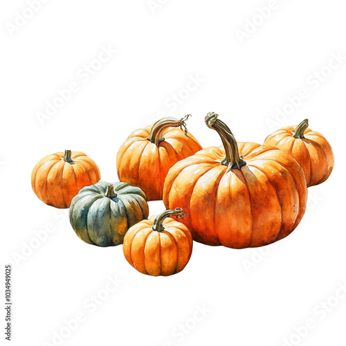 Watercolor art. The vibrant orange pumpkins positioned side by side against a minimalist white background showcasing autumn's harvest display