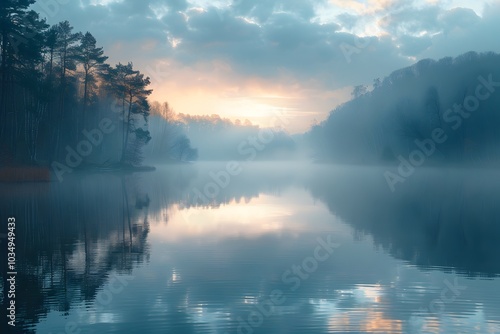 Serene Morning Mist Over a Tranquil Lake at Dawn photo