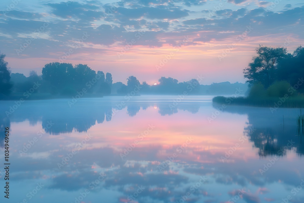 Serene Dawn Over a Tranquil Lake with Reflections of a Colorful Sky
