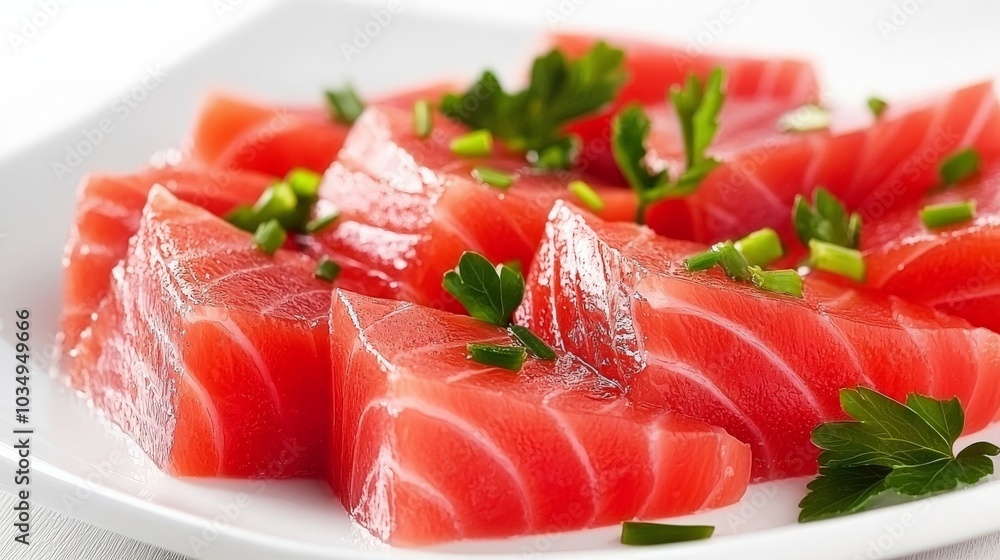 Sashimi for Fitness Diets under bright studio lighting, featuring high-protein seafood slices arranged on a white plate, garnished with fresh herbs Sashimi for Fitness Diets under bright studio lighting, featuring high-protein seafood slices arranged on a white plate, garnished with fresh herbs