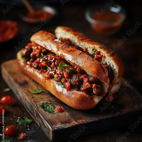 sausagge sandwich photography, on wooden table photo