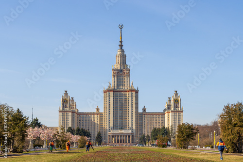 View of the main building of Moscow State University. A beautiful high-rise building with a spire. Architectural dominant and landmark of Moscow. Vorobyovy Gory, Moscow, Russia.