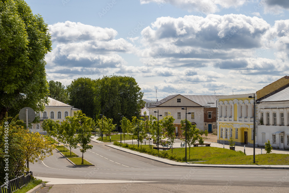 Valday town (Valdai), Novgorod region, Russia. View of Freedom Square. The historical center of Valday. Well-maintained streets in a small Russian provincial town. Travel and tourism in Russia. Valday town (Valdai), Novgorod region, Russia. View of Freedom Square. The historical center of Valday. Well-maintained streets in a small Russian provincial town. Travel and tourism in Russia.