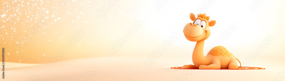 A charming cartoon camel with a cheerful expression set against a dreamy desert backdrop filled with sparkling lights A charming cartoon camel with a cheerful expression set against a dreamy desert backdrop filled with sparkling lights