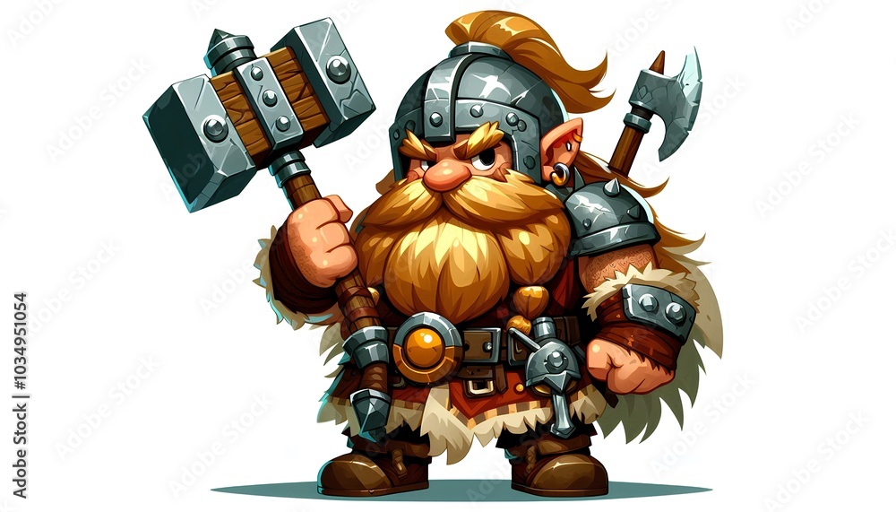 Cartoon Warrior Dwarf Fighter with a War Hammer Cartoon Warrior Dwarf Fighter with a War Hammer