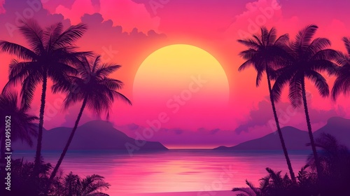 Breathtaking Tropical Sunset Over Serene Beach with Silhouetted Palm Trees