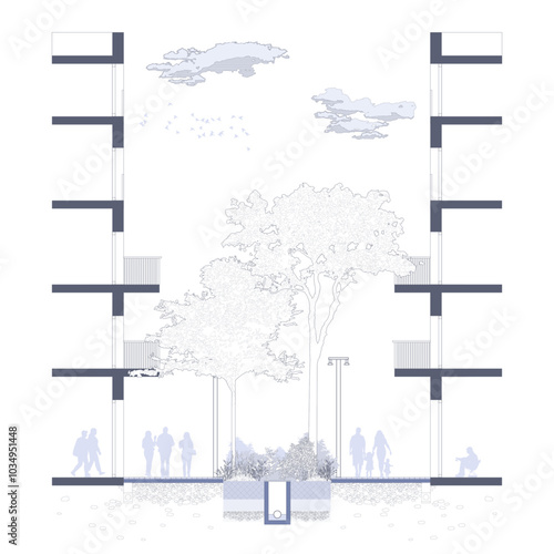 Architectural Drawings, Minimal style cad tree line drawing, Side view, set of section city 
street building outline for landscape design drawing. Vector illustration in seperate element