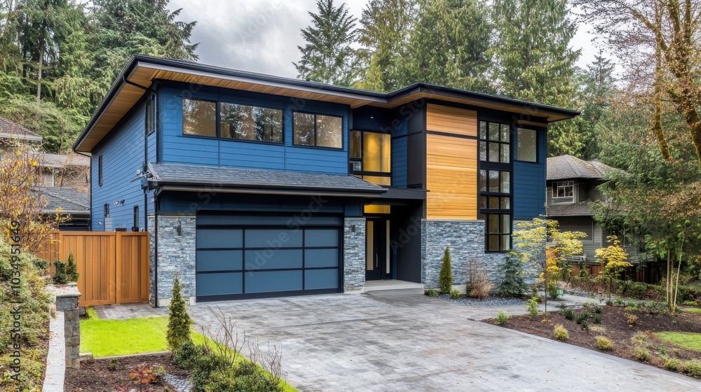 New construction home with two-car garage, blue siding, and natural stone walls in modern architectural style New construction home with two-car garage, blue siding, and natural stone walls in modern architectural style