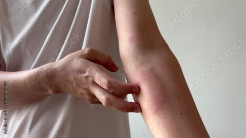 Young asian man itching and scratching on arm from allergic itchy dry skin eczema dermatitis insect bites