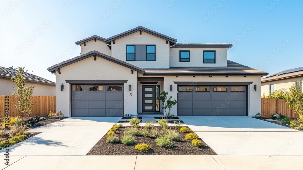 Fototapeta premium New modern home with a two-car garage and stylish architectural design, combining luxury and functionality.