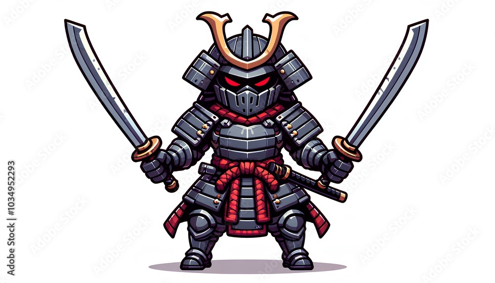 Obraz premium Dual-Wielding Samurai Game Character Design in Cartoon Style