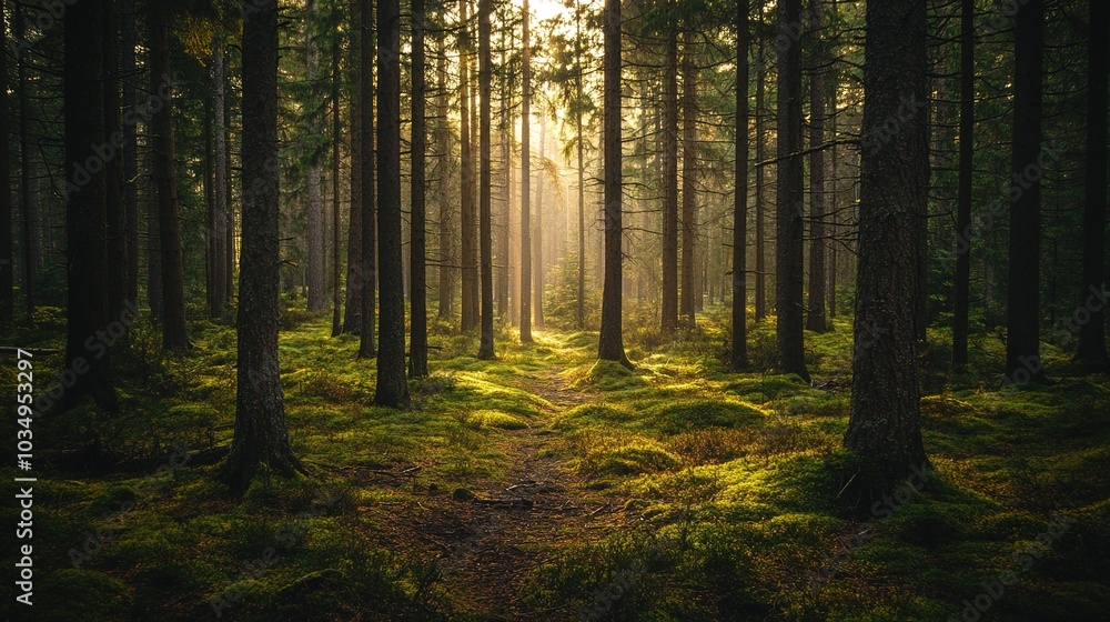Naklejka premium Serene Forest Pathway with Soft Morning Light