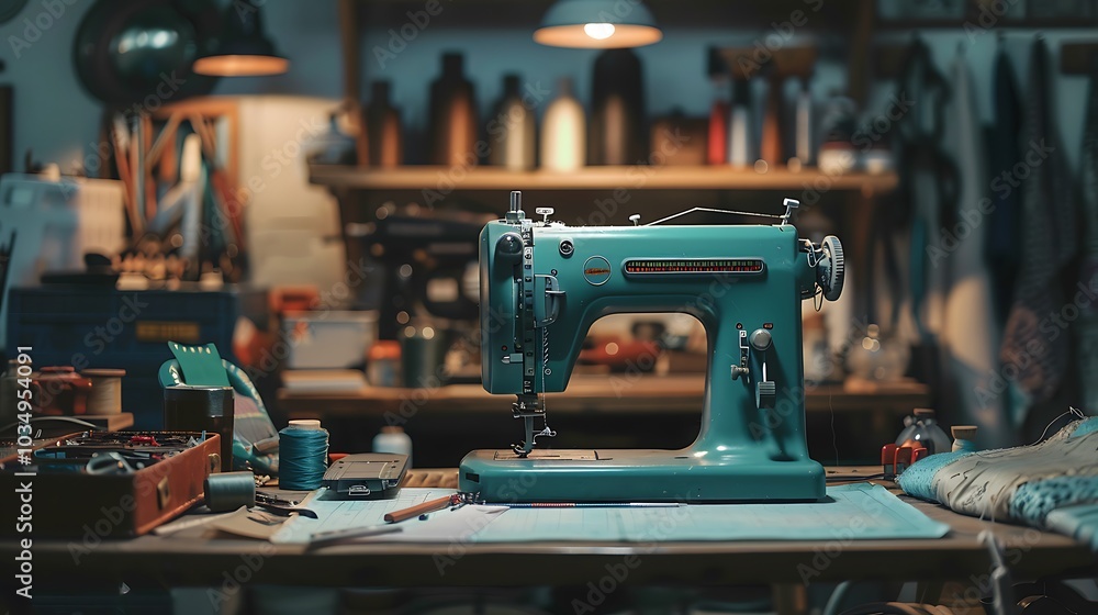 Fototapeta premium A machine for sewing along with other craft gadgets on a surface